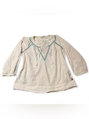 Roxy Cream Peasant Tunic with Turquoise Embroidered Trim